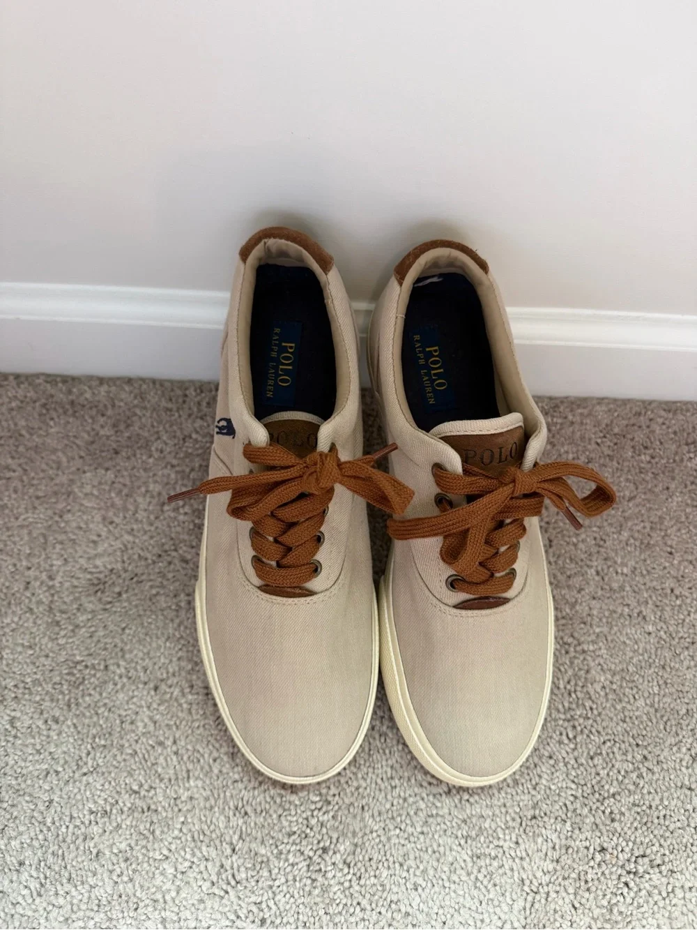 Polo by Ralph Lauren Men’s Beige Canvas Sneakers with Brown Laces and Navy Pony